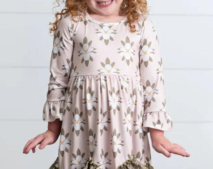 Girls Sage Dot & White Flower Long Sleeve 3 Ruffle Dress