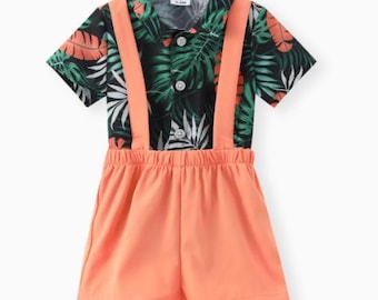 Boys Tropical Print Shirt and Shorts Set with Suspenders
