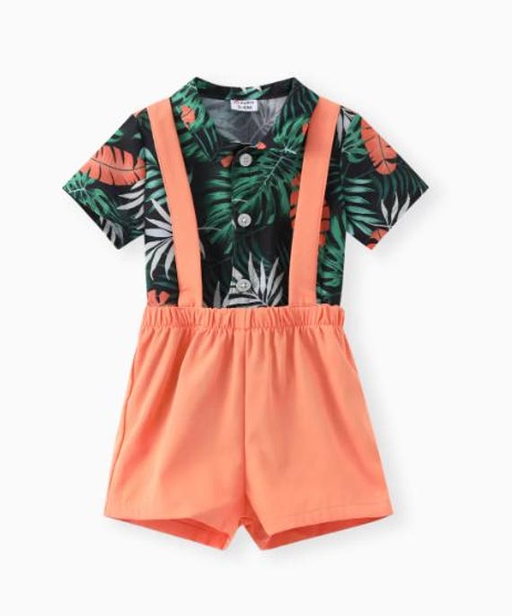 Boys Tropical Print Shirt and Shorts Set with Suspenders