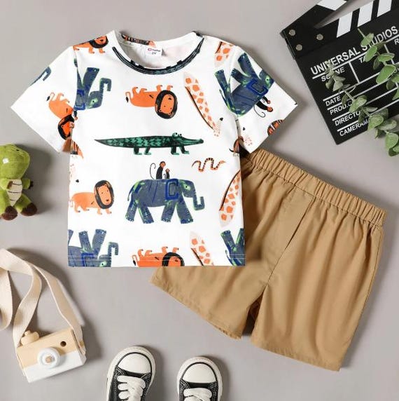 2-piece Boy Animal Print Short-sleeve Tee Khaki Shorts Set - Size 18-24M
