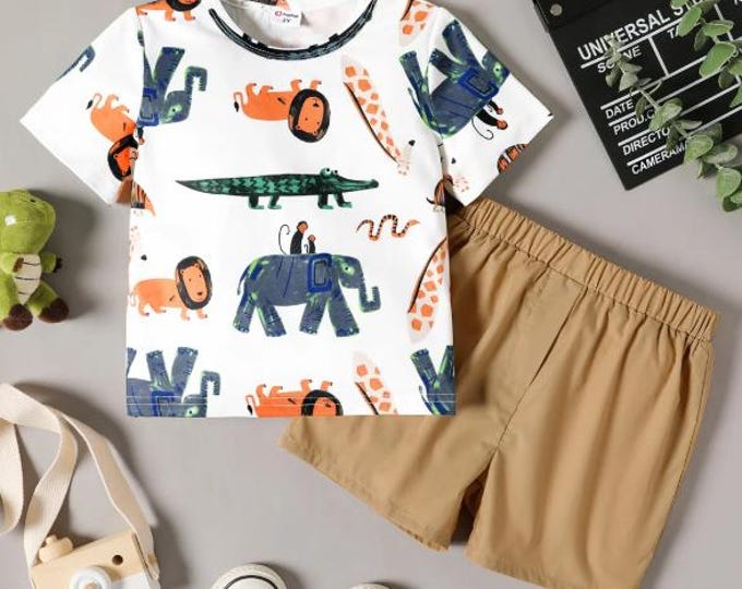 2-piece Boy Animal Print Short-sleeve Tee Khaki Shorts Set - Size 18-24M