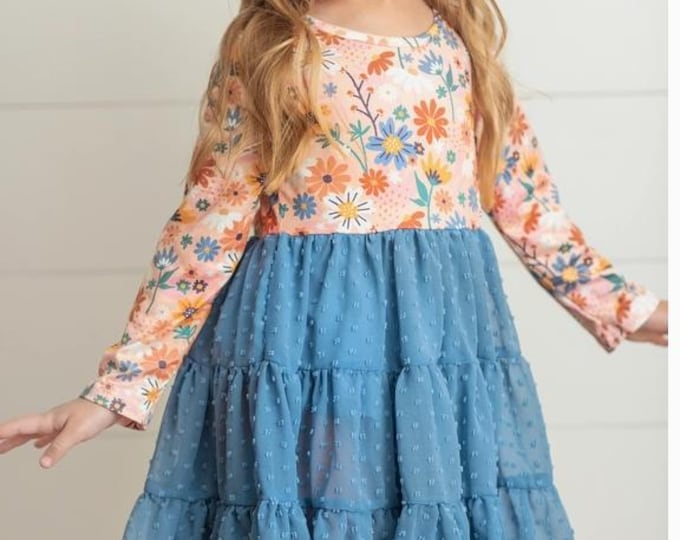 Girls Dusty Blue Flower Print Swiss Dot Tulle Fall Dress