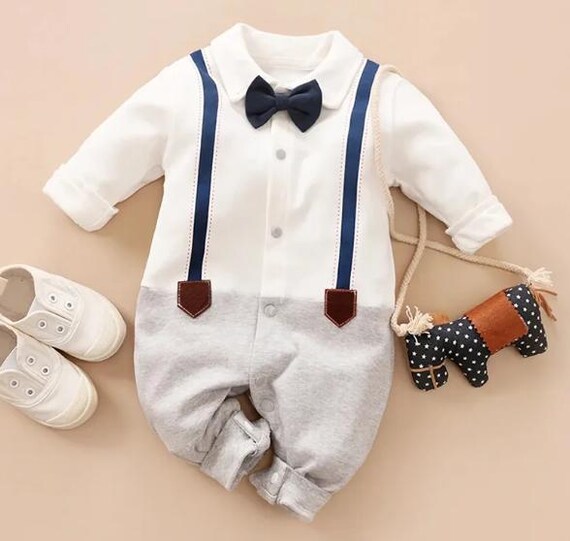 Baby Boy Cotton Jumpsuit with Faux Layering and Bow Tie Decoration
