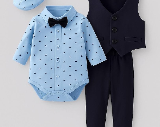 Baby Boy Blue Tuxedo 4pcs Formal Wear Outfit