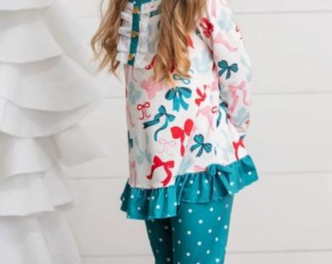 Girls Teal Coquette Bow & Pin Dot Ruffle Pant Set