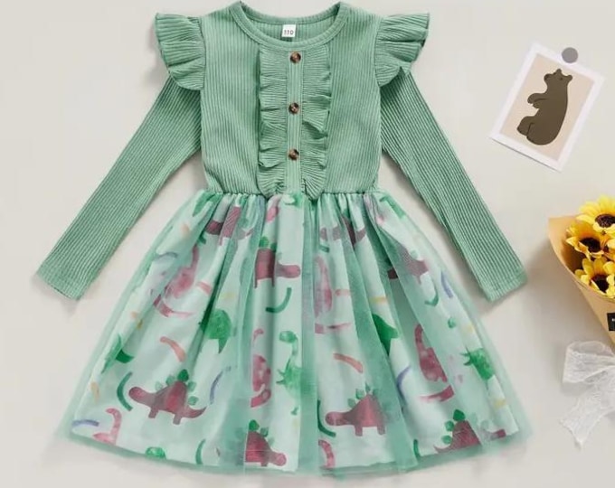 Sage Green Ruffle Dino Print Little Girl Dress