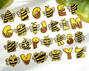 Bee Embroidered Letter Patches, Cute Cartoon Honey Bee Alphabet Iron-On Patches, 26 ABC Badge for Bags Jackets Shirts, DIY Craft Decor