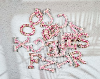 Pink Pearl Letter Patch, Custom Alphabet Iron-On Patch, Cute Initial Embroidery Badge for Jacket Bag Shirt, DIY Craft Accessories