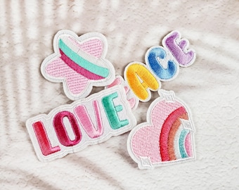 Peace Love Iron-On Patches, Rainbow Star Heart Embroidered Applique, Hippie Boho Sew-On Badge for Jackets, Bags, DIY Crafts