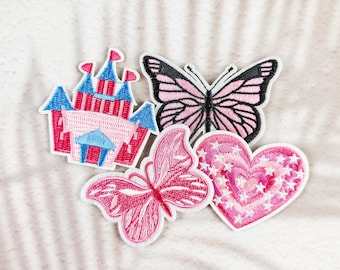 Pink Castle Butterfly Heart Embroidered Iron-On Patch – Whimsical Applique for Denim Jackets, Bags and Accessories, DIY Craft Badge
