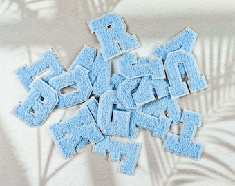 Chenille Light Blue Letter Patch, Small Alphabet Iron-On Patch, Cute Baby Blue Initial Embroidery Badge for Jacket Bag Shirt, DIY Crafts