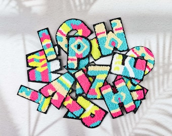 Retro Colorful Chenille Letter Patch, Large Iron-On Alphabet Badge, Vibrant Embroidered Initial for Jackets Bags Shirts DIY Craft