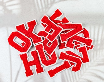 Chenille Red Letter Patch, Large Alphabet Iron-On Patch, Bold Red Initial Embroidery Badge for Jacket Bag Shirt, DIY Crafts