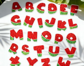 Watermelon Embroidered Letter Patches, Fruit Alphabet Iron-On Patches, 26 ABC Badge for Bags Jackets Shirts, DIY Craft Decor
