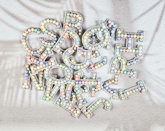Vintage Colorful Pearl Letter Patch, Retro Alphabet Iron-On Patch, Cute Multicolor Initial Embroidery Badge for Jacket Bag Shirt, DIY Crafts