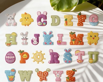 Easter Embroidered Letter Patches, Bunny Egg Chick Alphabet Iron-On Patches, 26 ABC Spring Badge for Bags Jackets Shirts, DIY Craft Decor