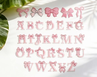 Pink Bow Embroidered Letter Patches, 26 Alphabet Iron-On Patches, Cute Ribbon Badge for Bags Jackets Shirts, Kawaii DIY Craft Decor