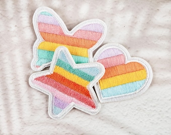 Pastel Rainbow Striped Embroidered Patch – Butterfly, Heart & Star Iron-On Applique, Kawaii Sew-On Badge for Jackets, Bags, DIY Crafts