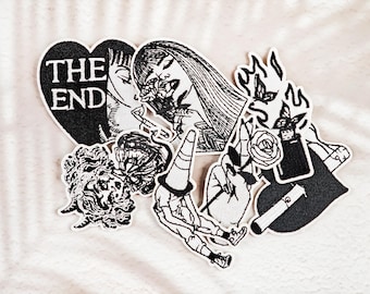 Gothic Black and White Embroidered Iron-On Patches, Edgy Alternative Sew-On Appliques for Jackets, Bags, Hats, DIY Clothing Crafts