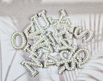 Rhinestone Pearl Letter Patch, White Pearl Alphabet Iron-On Patch, Sparkly Initial Embroidery Badge for Jacket Bag Shirt, DIY Crafts