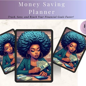 May include: Digital money saving planner featuring an illustration of a woman with teal hair, holding cash and using a calculator. The text reads "Money Saving Planner" and "Track, Save, and Reach Your Financial Goals Faster!"