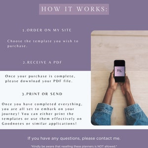 May include: A graphic with text explaining how to purchase and use a digital planner. The steps include ordering, receiving a PDF, and printing or sending the planner. A phone displays the planner's logo. The background is a light wood texture.