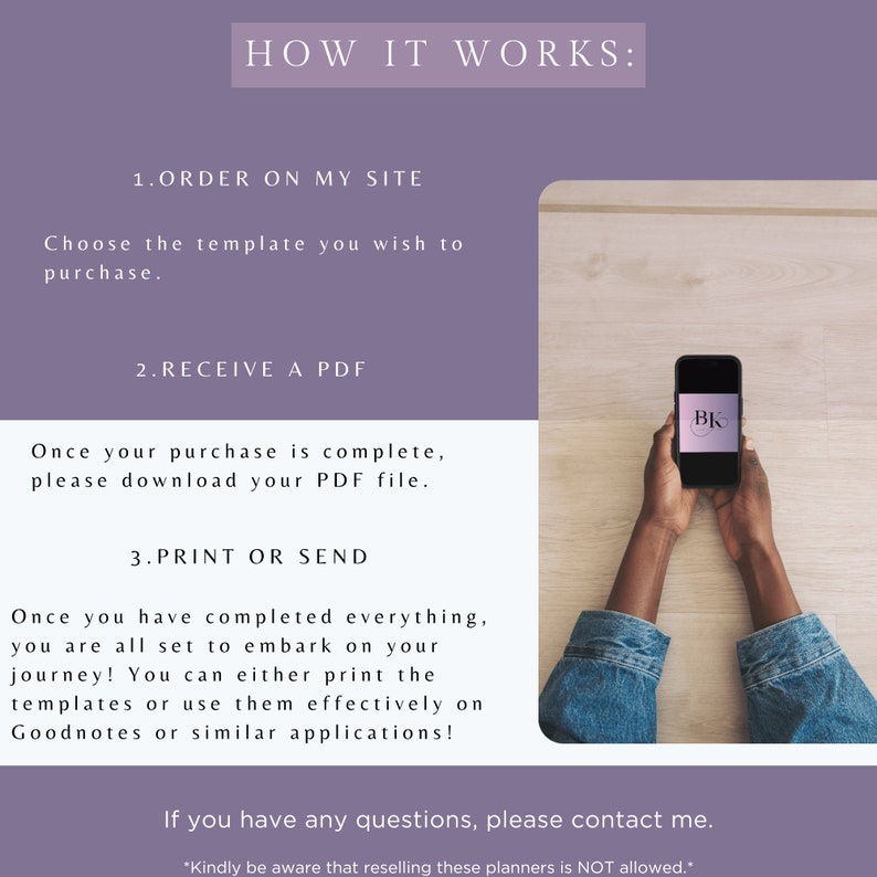 May include: A graphic with text explaining how to purchase and use a digital planner. The steps include ordering, receiving a PDF, and printing or sending the planner. A phone displays the planner's logo. The background is a light wood texture.