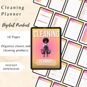 May include: A digital cleaning planner with 16 pages, featuring a cartoon illustration of a person holding cleaning supplies. The planner is designed to organize chores and cleaning products. Text includes "Cleaning Planner" and "Instant Download."