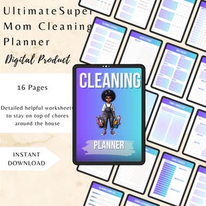 May include: Digital cleaning planner with a purple and blue gradient background. The planner features a cartoon illustration of a person holding cleaning supplies. Text includes "Cleaning Planner" and "Instant Download."