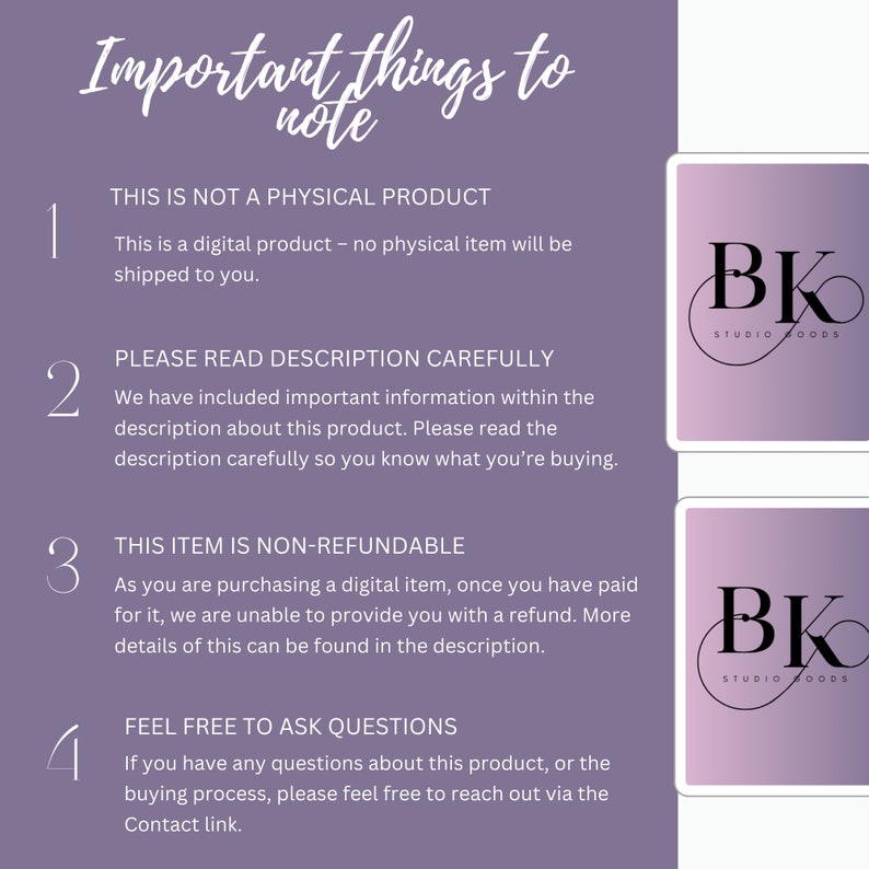 May include: A digital product information sheet with the text "Important things to note." The sheet includes four numbered points about the product, including that it is not a physical item and is non-refundable. Two cards with the "BK Studio Foods" logo are also visible.