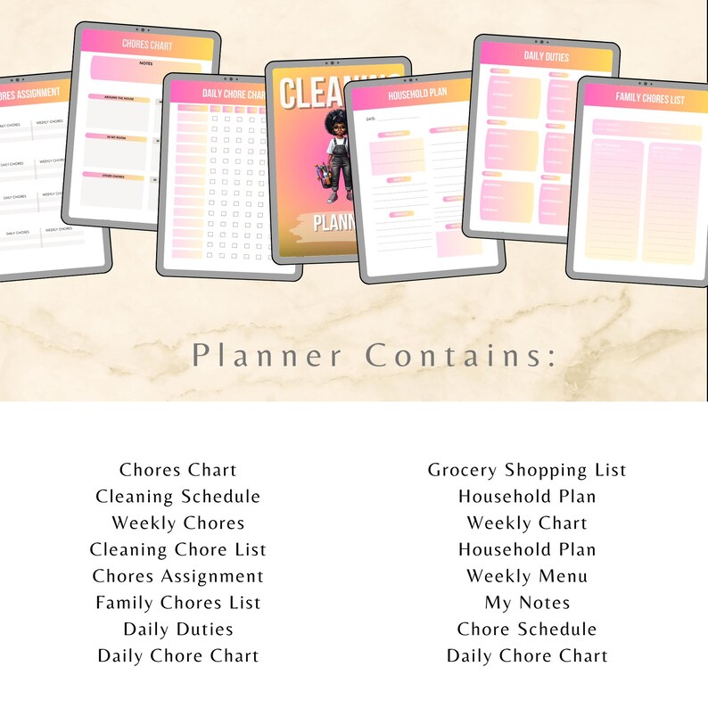 May include: A collection of digital planner templates displayed on tablets. The templates feature various layouts, including chore charts, cleaning schedules, and shopping lists. The color scheme includes pink, yellow, and white. The text "Planner Contains:" is visible.