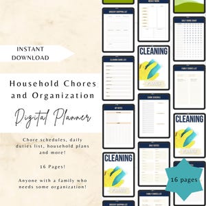 May include: Digital planner for household chores and organization. Includes chore schedules, daily duties lists, and household plans. The image shows a collection of digital planner pages with the text "INSTANT DOWNLOAD" and "16 Pages!"