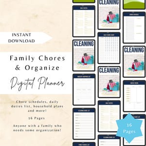 May include: Digital planner for family chores and organization. Includes chore schedules, daily duties lists, and household plans. The planner has 16 pages and is an instant download.