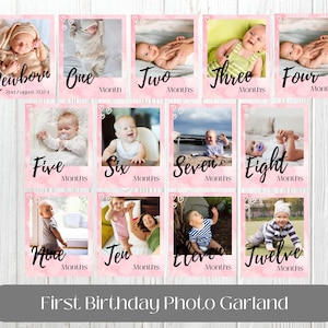 Erstes Geburtstags-Fotobanner-Vorlage Bearbeitbar Babys 1. Jahr Monatliche Meilensteinkarten 12-Monats-Fotobannerdruck Rosa Fotogirlande