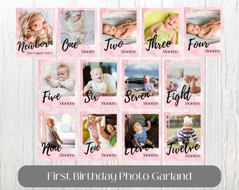 First Birthday Photo Banner Template Editable Baby's 1st Year Monthly Milestone Cards 12 Month Photo Banner Print Pink Photo Garland