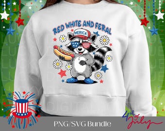 Red White And Feral Png, 4th Of July Png, Funny Raccoon Hot Dog Png, Feral USA Png, Kids America Shirt Design Png, Independence Day