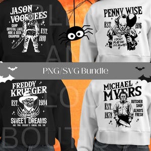 Peut inclure: Un ensemble de quatre sweat-shirts sur le thème d'Halloween. Les motifs présentent des personnages tels que Jason Voorhees, Pennywise, Freddy Krueger et Michael Myers, avec du texte incluant "EST." et l'année de leurs débuts. Les sweat-shirts sont en noir et blanc.
