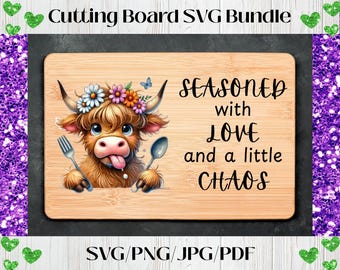 Funny Highland Cow Glass Cutting Board Sublimation Design JPG, Funny Chopping Board, Seasoned with Love Chaos, Cooking Board, Kitchen Gift