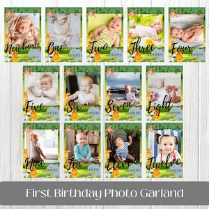 Modèle de bannière photo premier anniversaire Cartes jalons mensuels modifiables pour la 1re année de bébé Impression bannière photo 12 mois Guirlande photo jungle