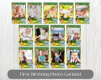 First Birthday Photo Banner Template Editable Baby's 1st Year Monthly Milestone Cards 12 Month Photo Banner Print Jungle Photo Garland