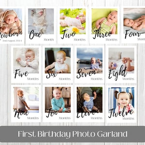 Sjabloon fotobanner eerste verjaardag bewerkbare baby's eerste jaar maandelijkse mijlpaalkaarten 12 maanden fotobanner afdrukken blanco fotoslinger