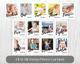 First Birthday Photo Banner Template Editable Baby's 1st Year Monthly Milestone Cards 12 Month Photo Banner Print Blank Photo Garland
