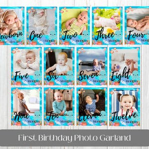 Sjabloon fotobanner eerste verjaardag bewerkbare baby's 1e jaar maandelijkse mijlpaalkaarten 12 maanden fotobanner afdrukken oceaanfotoslinger