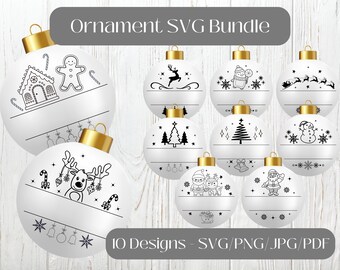 Personalized Christmas Ornament SVG Bundle for Cricut, Custom Name Christmas Gift, Round Santa Door Sign, Holiday Snowflake PNG, Cut Files