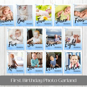 First Birthday Photo Banner Template Editable Baby&#39;s 1st Year Monthly Milestone Cards 12 Month Photo Banner Print Blue Photo Garland