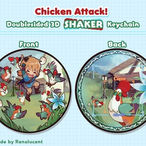 Puede incluir: Llavero shaker 3D de doble cara con un dibujo animado de Link del videojuego The Legend of Zelda. La parte delantera muestra a Link corriendo con una espada y corazones sobre su cabeza, rodeado de pollos. La parte trasera muestra un pollo de dibujos animados con la palabra "Cucco" encima.