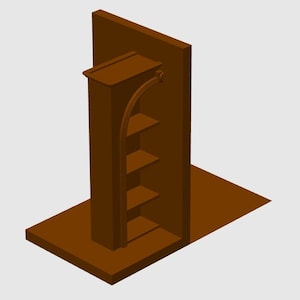 May include: A brown, stylized display cabinet with four shelves and a curved top. The cabinet is set against a brown wall and base, creating a three-dimensional effect. The design is simple and modern.
