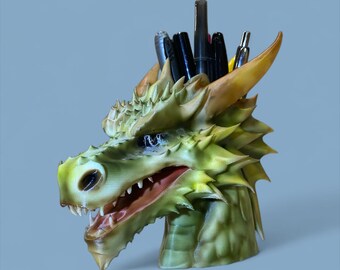 Hand-Painted Green Dragon Pen Holder: Fantasy Desk Organizer
