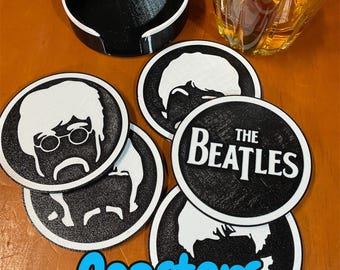 Coaster Set Inspired by The Beatles – 5 Black and White Drink Coasters with Caddy Featuring Band Silhouettes & Logo – Music Lover Gift