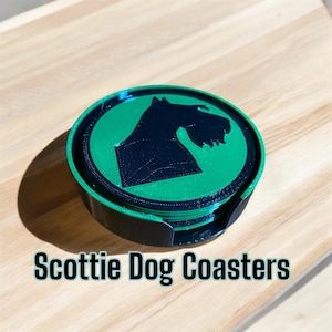 Scottie Dog Coasters with Coaster Caddy, Set of Five Scottish Terrier Coasters for the Beverage of Your Choice.
